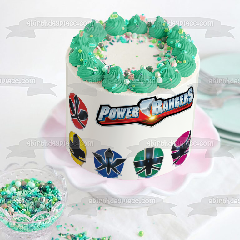 Power Rangers Logo Faces Red Ranger Yellow Ranger Blue Ranger Green Ranger Pink Ranger Edible Cake Topper Image ABPID27571