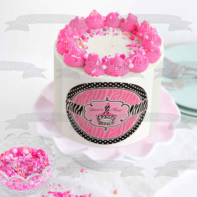 Happy Birthday Diva's First Birthday Pink and Black Zebra Stripes Pink Cupcake Edible Cake Topper Image ABPID27208