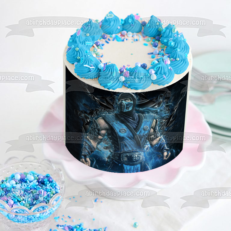 Mortal Kombat Sub-Zero Blue Brick Background Edible Cake Topper Image ABPID27592