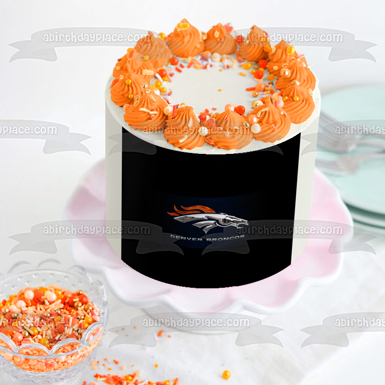 Denver Broncos Logo NFL Steel Appearance Black Background Edible Cake Topper Image ABPID27666