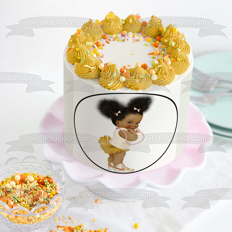 African American Baby Girl Pink Pearl Necklace Pink Gold Edible Cake Topper Image ABPID27734