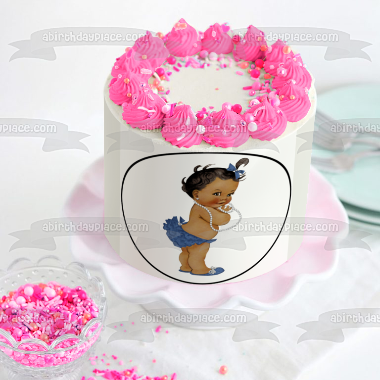 African American Baby Girl Blue Hairbow Bloomers Shoes White Necklace Edible Cake Topper Image ABPID27736