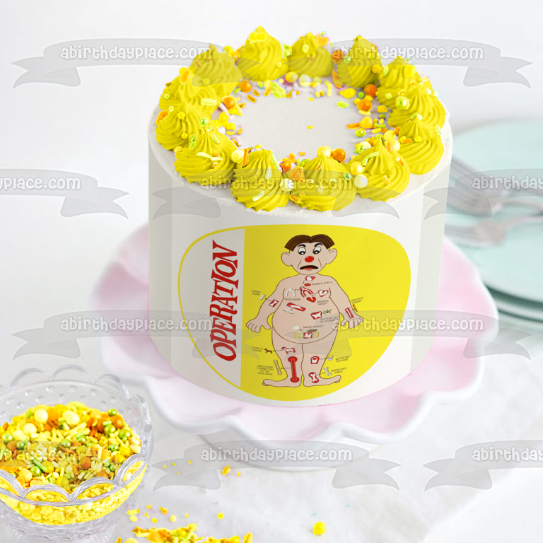 Operation Game Mattel Man Body Bones Yellow Background Edible Cake Topper Image ABPID28012