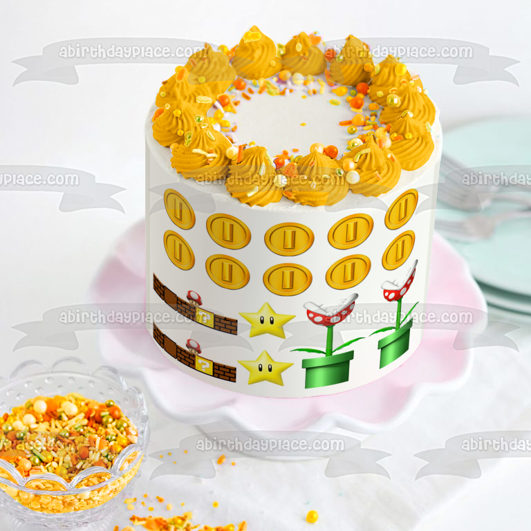 Super Mario Brothers Paredes De Ladrillo Monedas Plantas Estrellas Adorno Comestible Para Pastel Imagen ABPID49892