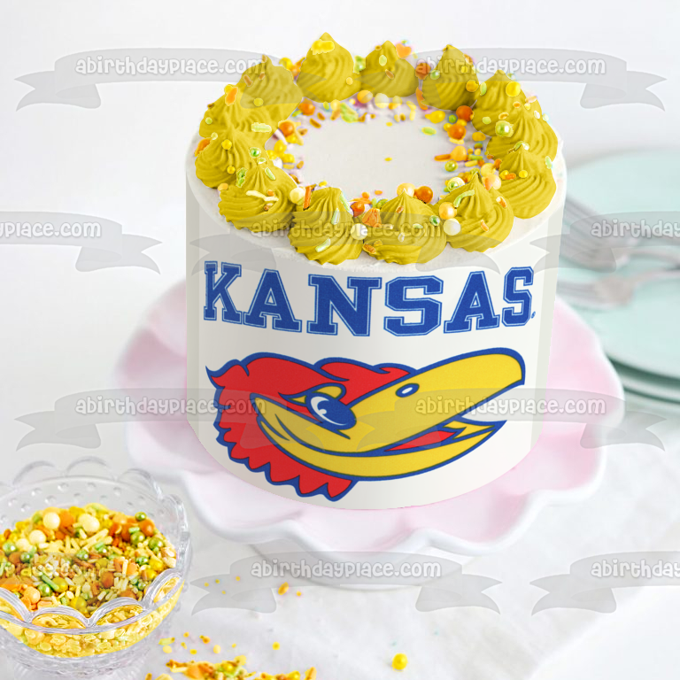 Imagen comestible para decoración de tarta con el logotipo de los Jayhawks de la Universidad de Kansas ABPID49706
