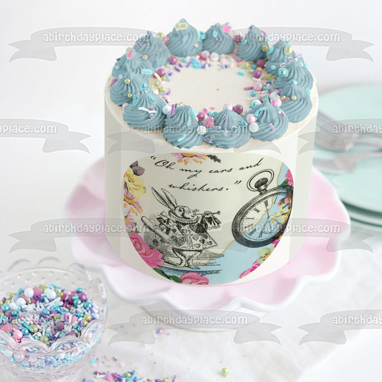 Round Truly Alice White Rabbit Tea Party Birthday Edible Cake Topper Image ABPID50241