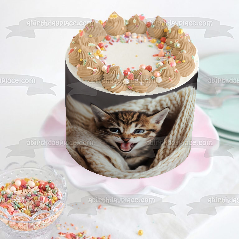 Knit Blanket Cat Edible Cake Topper Image ABPID50259