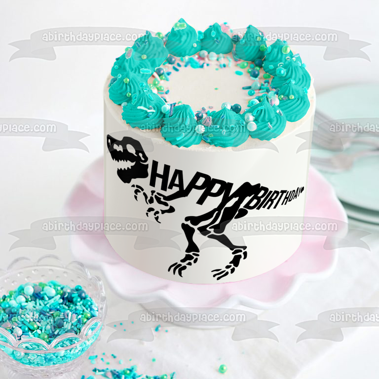 Black Dinosaur Skeleton Happy Birthday Edible Cake Topper Image ABPID50285