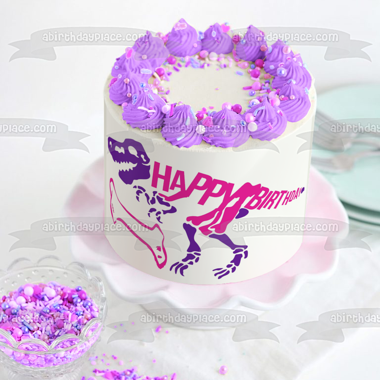 Pink and Purple Dinosaur Skeleton Pink Bone Happy Birthday Edible Cake Topper Image ABPID50287