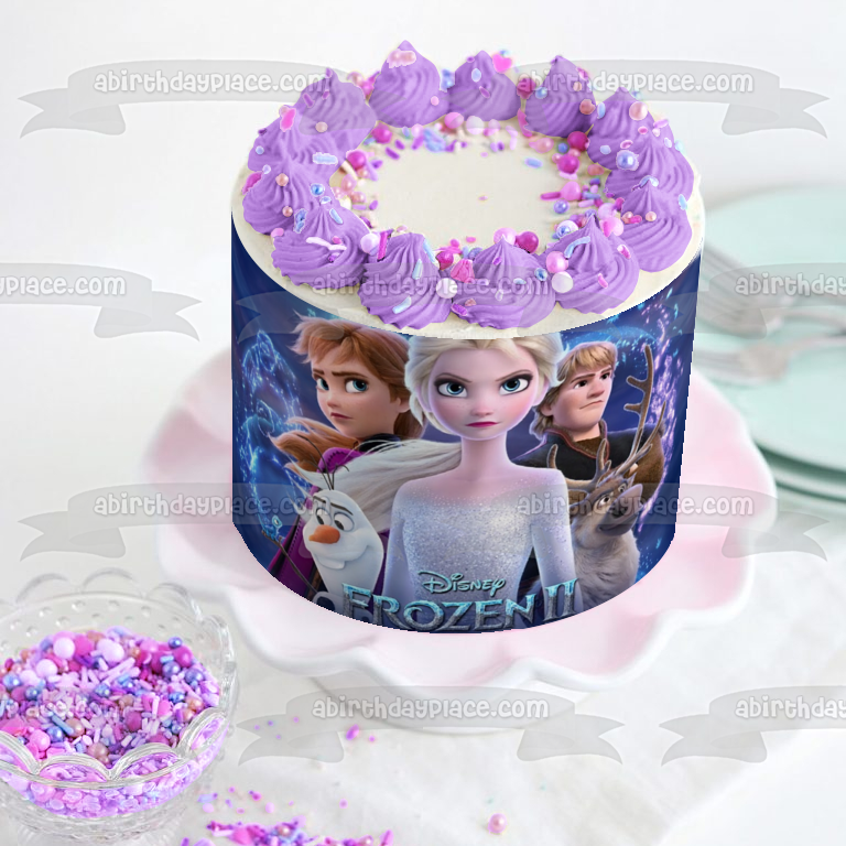 Disney Frozen 2 Elsa Anna Kristoff Sven Olaf Blue Background Edible Cake Topper Image ABPID50515