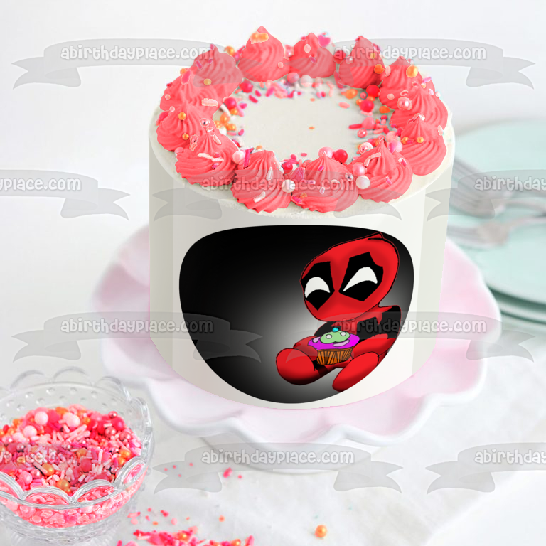 Chibi Deadpool superhéroe dibujos animados Cupcake feliz cumpleaños Marvel comestible decoración para tarta imagen ABPID50314