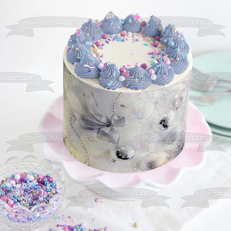 Adornos de bola de discoteca navideña con lazo, adorno comestible para tarta, imagen ABPID50577