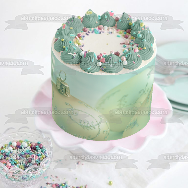 Christmas Ball Ornaments Pine Needle Glitter Decoration Edible Cake Topper Image ABPID50578