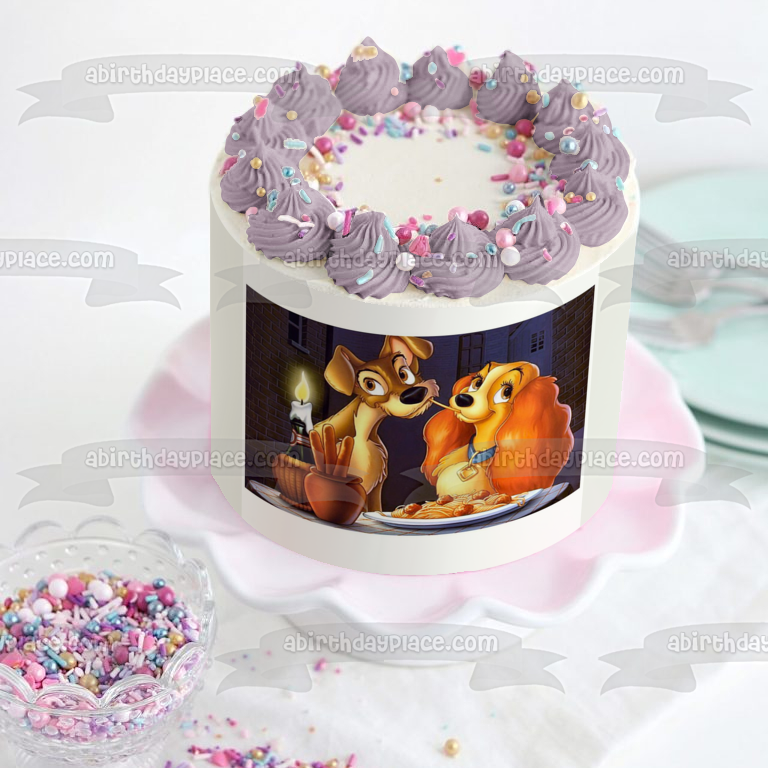 Adorno comestible para tarta con escena de espagueti de La dama y el vagabundo, imagen ABPID50325