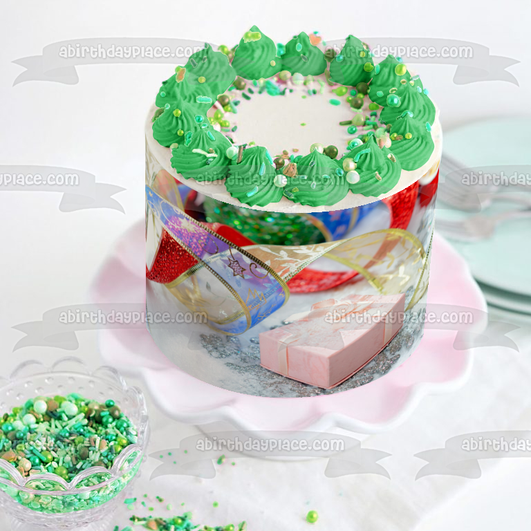 Christmas Pink Present Red Blue Gold Ribbon Edible Cake Topper Image ABPID50581