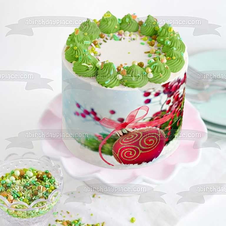 Christmas Red Ball Ornament Gold Glitter Snow Edible Cake Topper Image ABPID50587