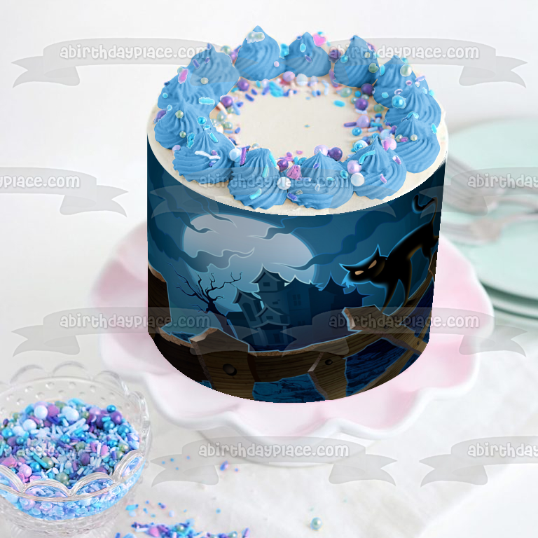 Halloween Haunted House Black Cat Moon Rising Fence Edible Cake Topper Image ABPID50340