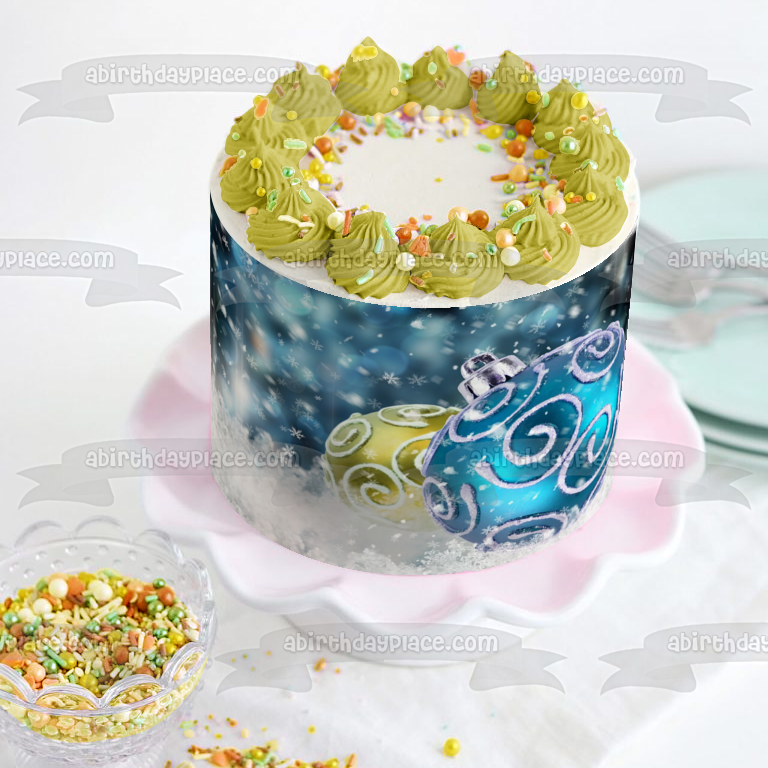 Adorno navideño de bola azul y amarilla con nieve, adorno comestible para tarta, imagen ABPID50599