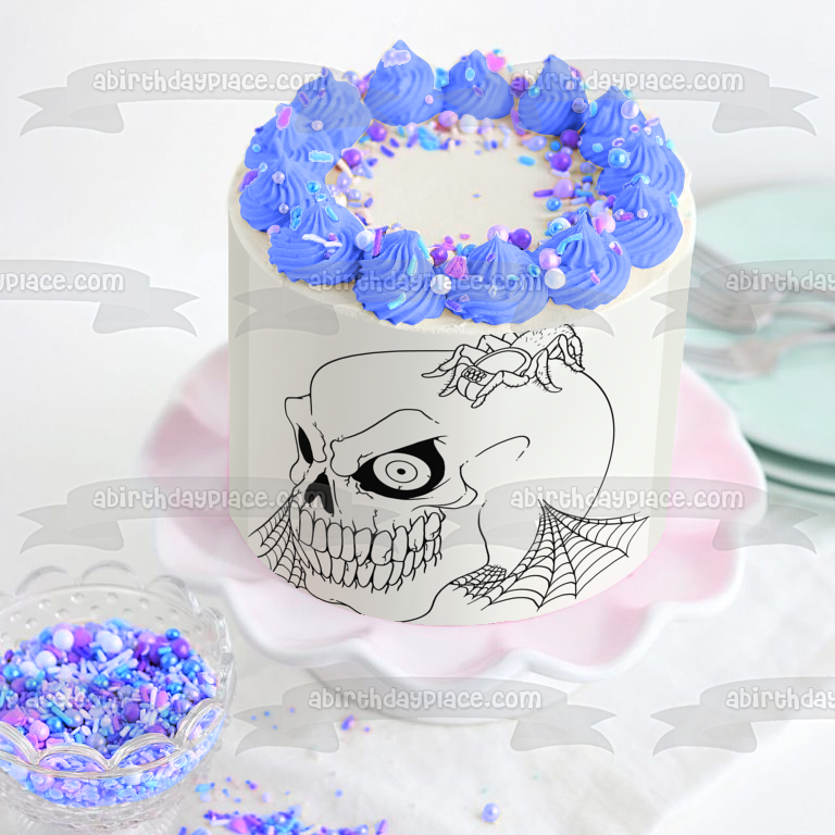 Black and White Halloween Skull Spider Edible Cake Topper Image ABPID50348