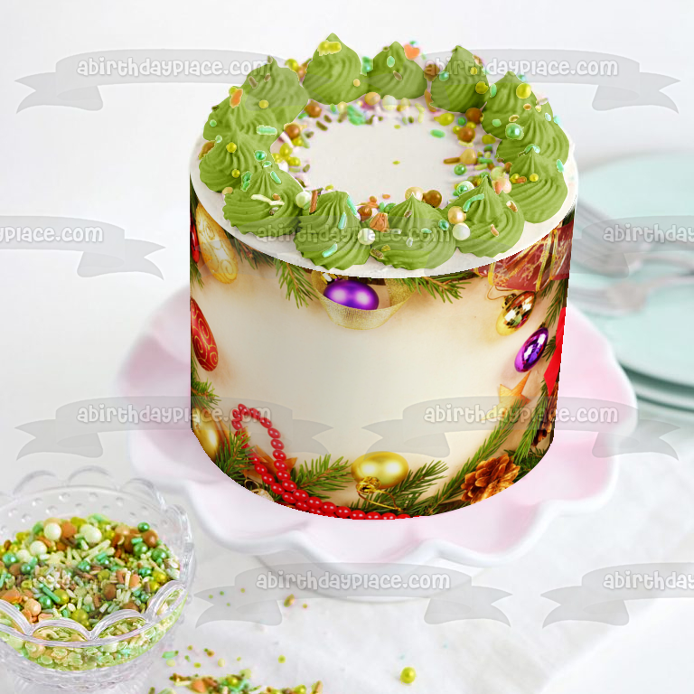Christmas Wreath Ribbon Ball Ornaments Edible Cake Topper Image ABPID50602