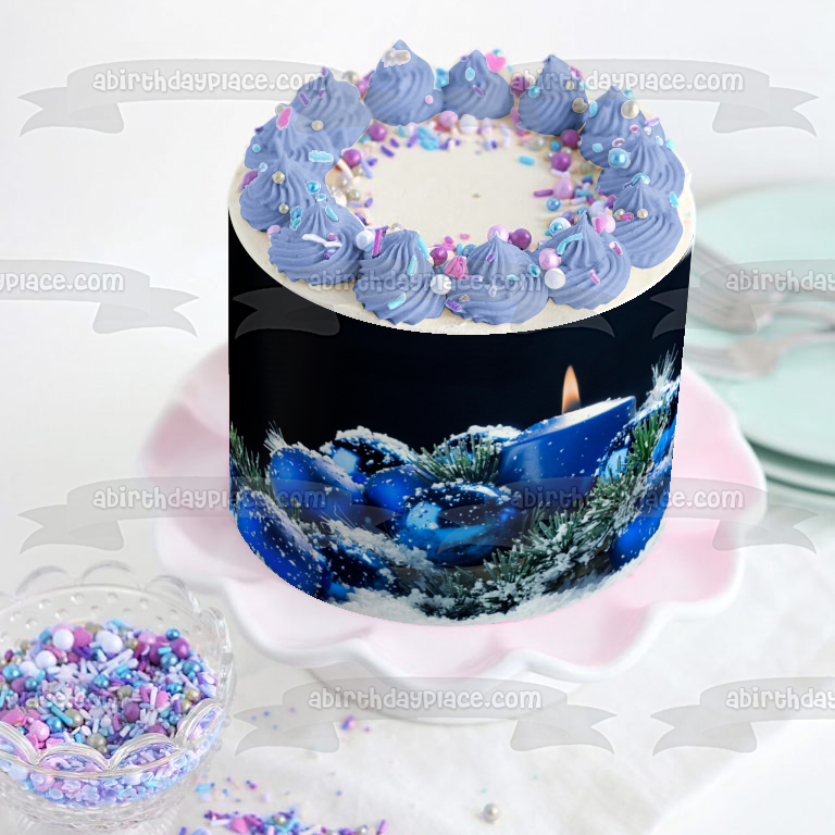 Vela navideña Adornos de bolas azules Nieve Adorno comestible para pastel Imagen ABPID50604
