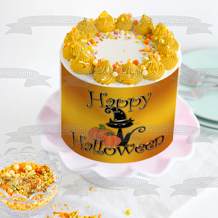 Happy Halloween Witch Cat Pumpkin Edible Cake Topper Image ABPID50356