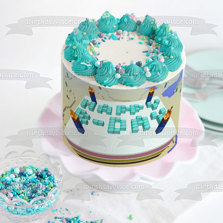 Pastel de bloques de Minecraft con antorchas de velas Feliz cumpleaños Adorno comestible para pastel Imagen ABPID50357
