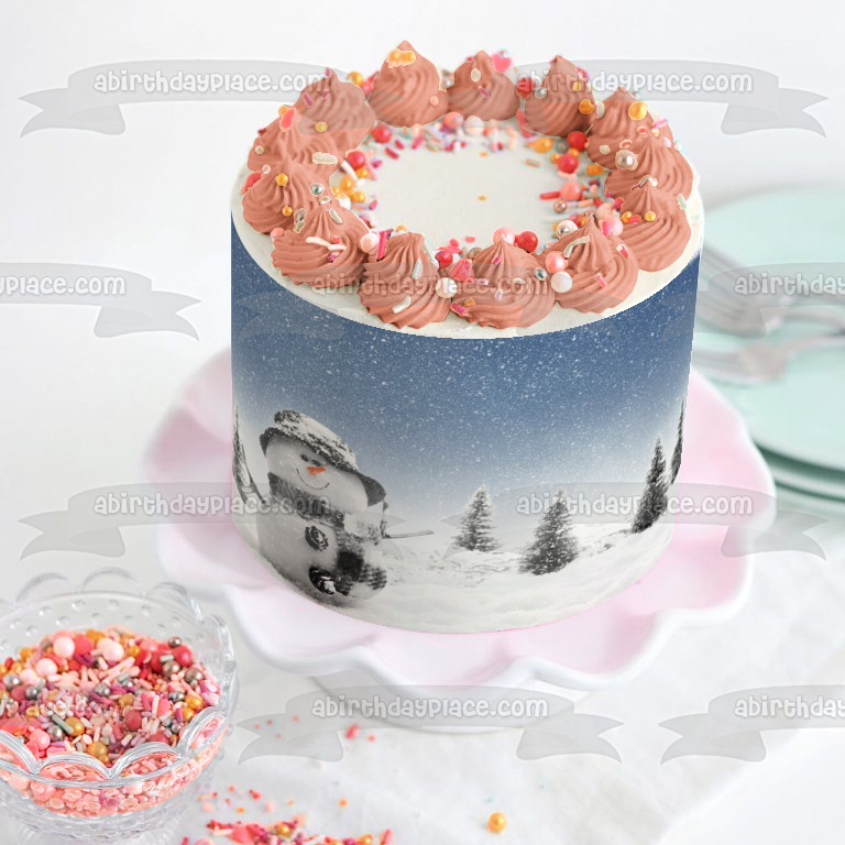 Adorno comestible para tarta con diseño de hombre de nieve, sombrero negro, bufanda, árboles, imagen ABPID50611