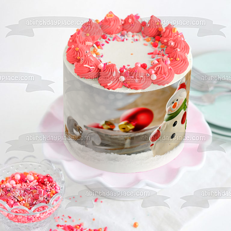 Adorno de bola de trineo de hombre de nieve navideño, adorno comestible para tarta, imagen ABPID50630