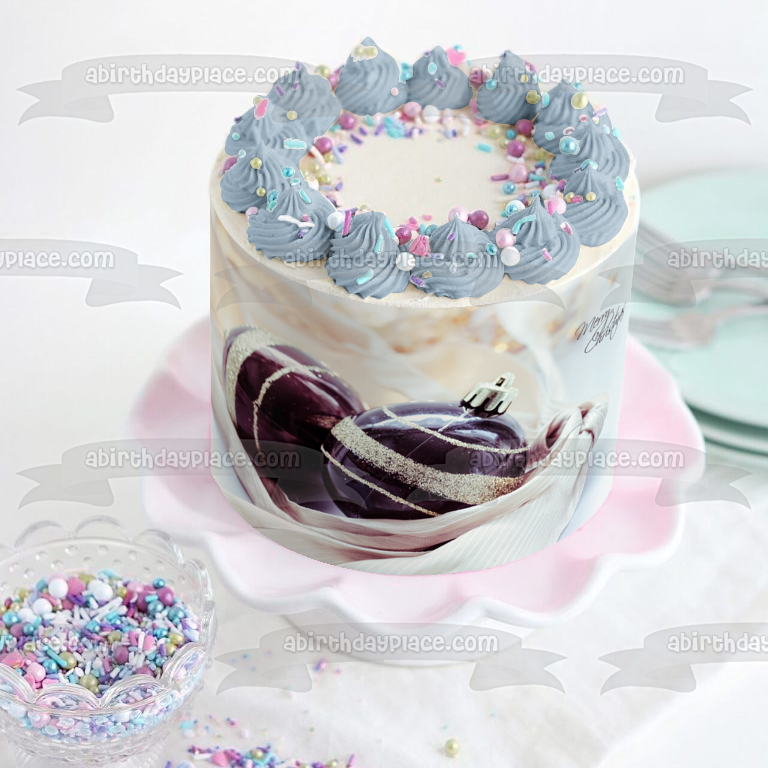 Adornos de bolas de nieve de Feliz Navidad, adorno comestible para tarta con purpurina dorada púrpura, imagen ABPID50636
