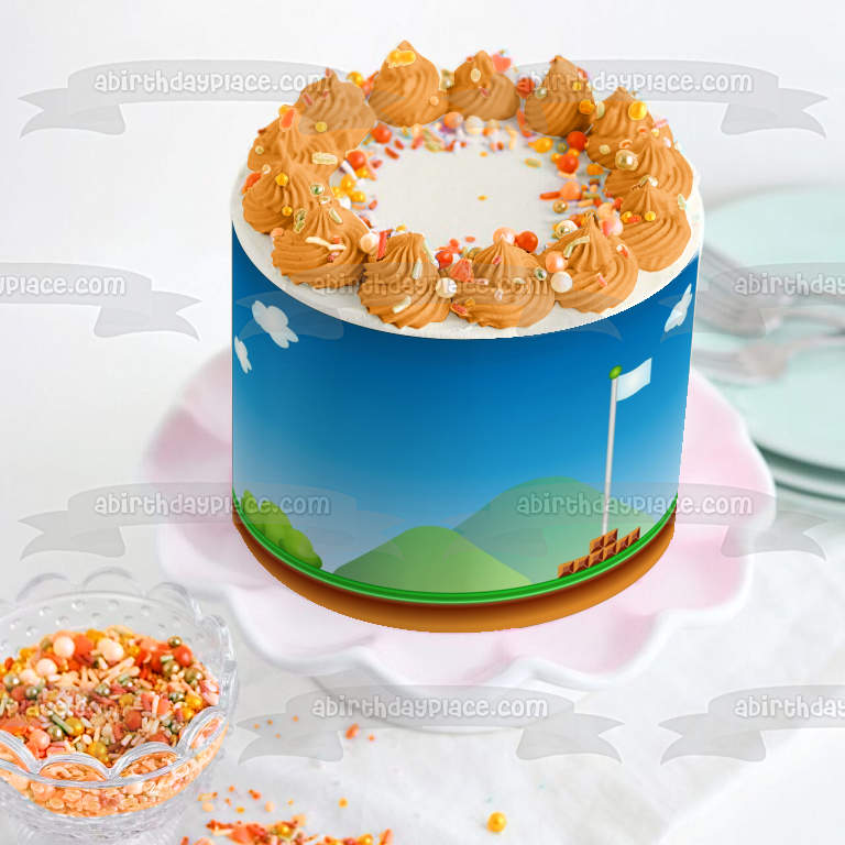 Ronda ganadora del fondo de la bandera de Mario Personaliza con tu nombre Imagen comestible para decoración de tarta ABPID50642