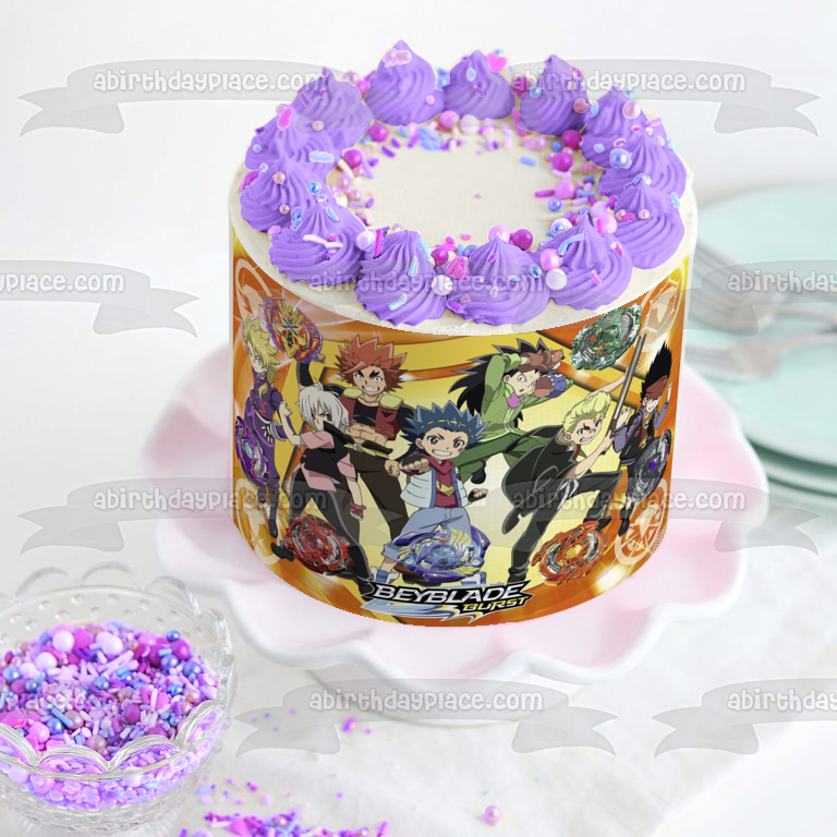 Beyblade Burst Battle Vault Aoi Wakiya Murasaki Shu Kurenai Rantaro Kiyama Daigo Kurogami Imagen comestible para tarta ABPID50401