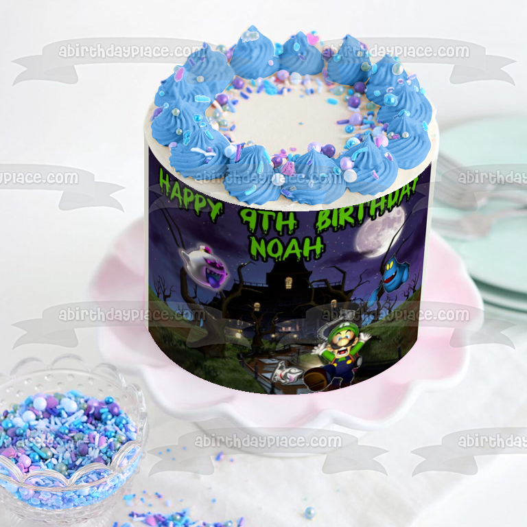 Luigi's Mansion Ghosts and Luigi Running with Polterpup Ghost Dog Personalized Edible Cake Topper Image ABPID50660