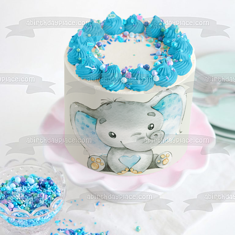 Baby Boy Blue Elephant with Heart Edible Cake Topper Image ABPID50664