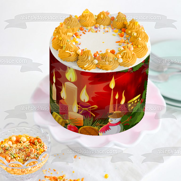 Vela navideña, adorno de bola de muñeco de nieve y acebo, adorno comestible para tarta, imagen ABPID50670