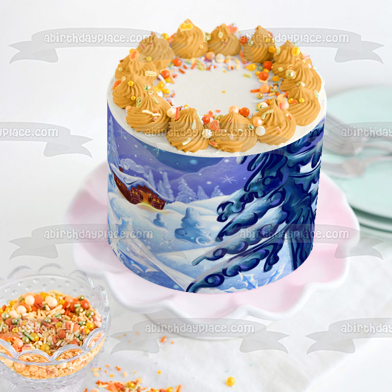 Imagen de adorno comestible para pastel de cabaña cubierta de nieve navideña ABPID50672