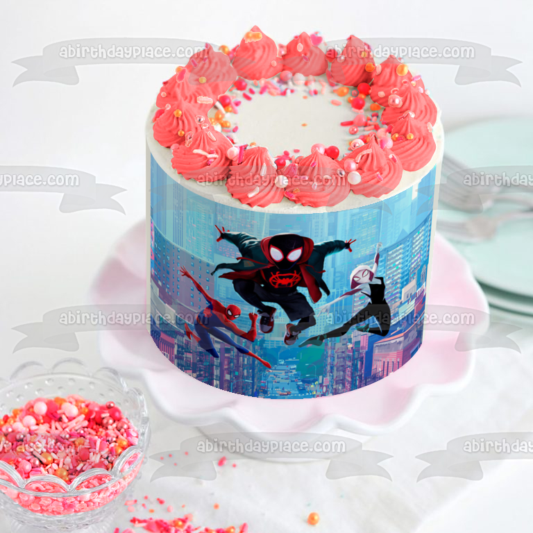 Imagen de decoración comestible para tarta de Miles Morales, Peter Parker y Gwen Spider-Verse ABPID50447