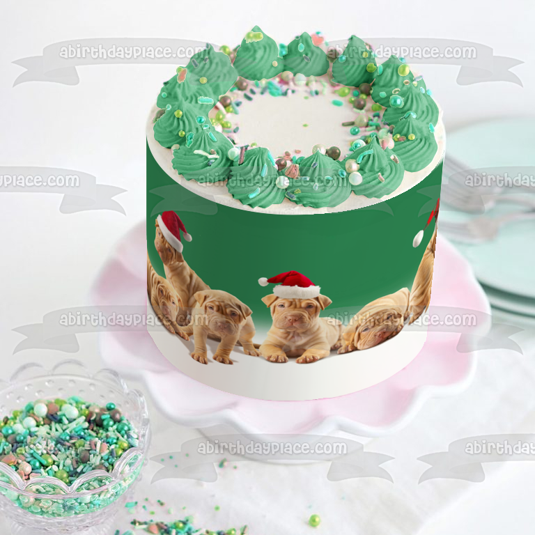 Christmas Puppies Christmas Hats Green Background Edible Cake Topper Image ABPID50682