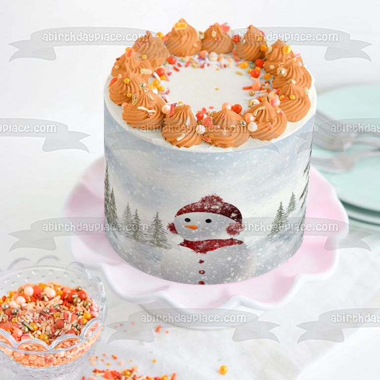 Adorno comestible para tarta con sombrero de orejeras rojas de muñeco de nieve navideño Imagen ABPID50692