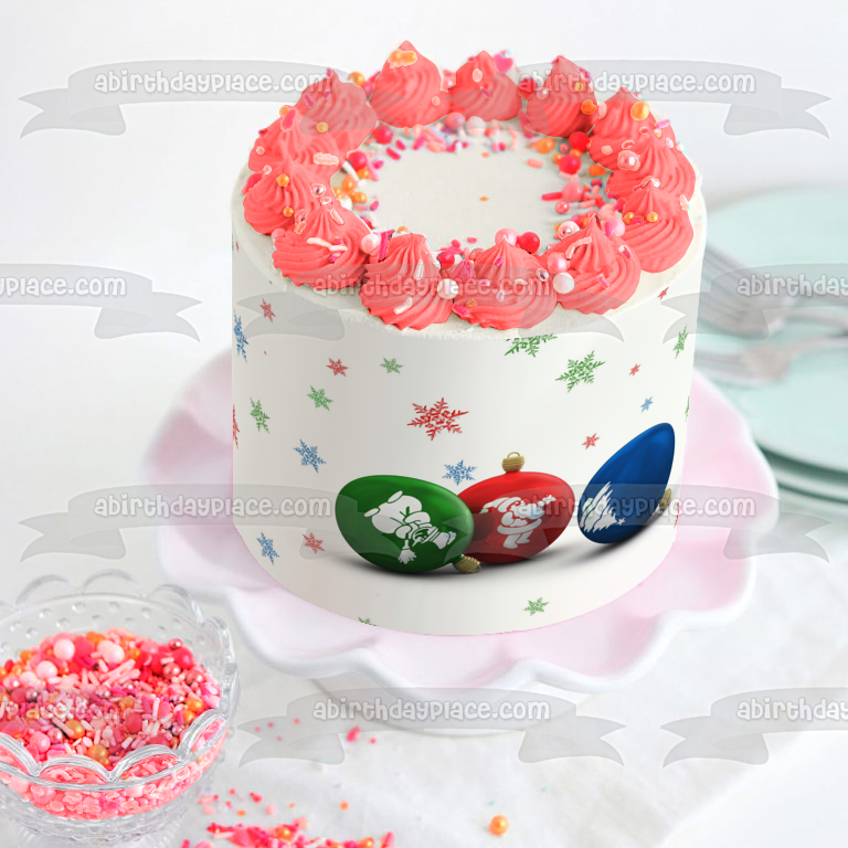 Christmas Ball Ornaments Santa Snowman Christmas Tree Snowflakes Edible Cake Topper Image ABPID50696