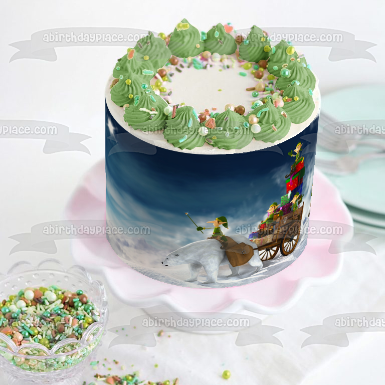 Adorno comestible para tarta con oso polar, elfos de Papá Noel, Navidad, imagen ABPID50699