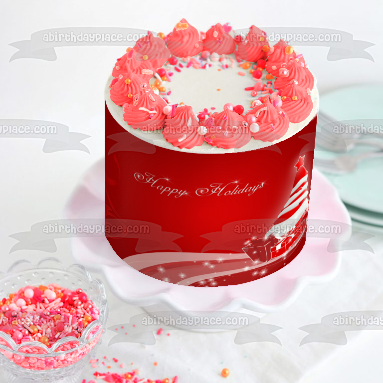 Christmas Tree Presents Happy Holidays Red Background Edible Cake Topper Image ABPID50700