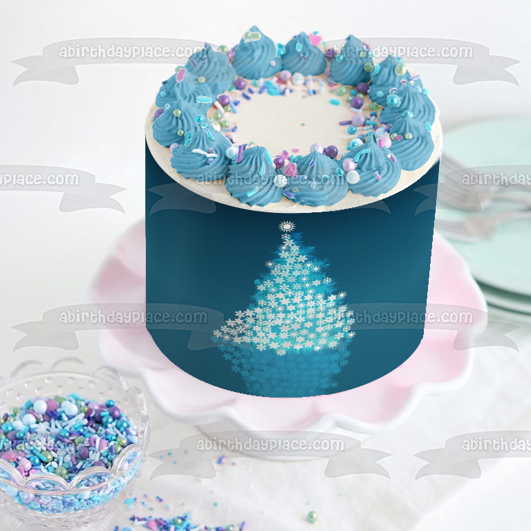Christmas Tree Stars Blue Background Edible Cake Topper Image ABPID50701
