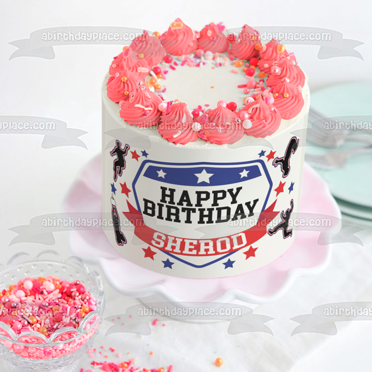 American Ninja Warrior Red White Blue Black Figures No Border Edible Cake Topper Image ABPID50705