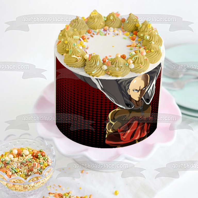 One Punch Man Saitama Red and Black Edible Cake Topper Image ABPID50740