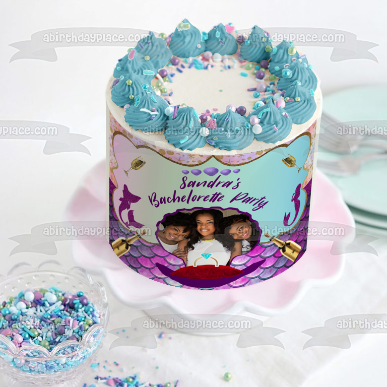 Sirena despedida de soltera nombre personalizado y foto botellas de champán marco de imagen comestible para decoración de tarta ABPID51074