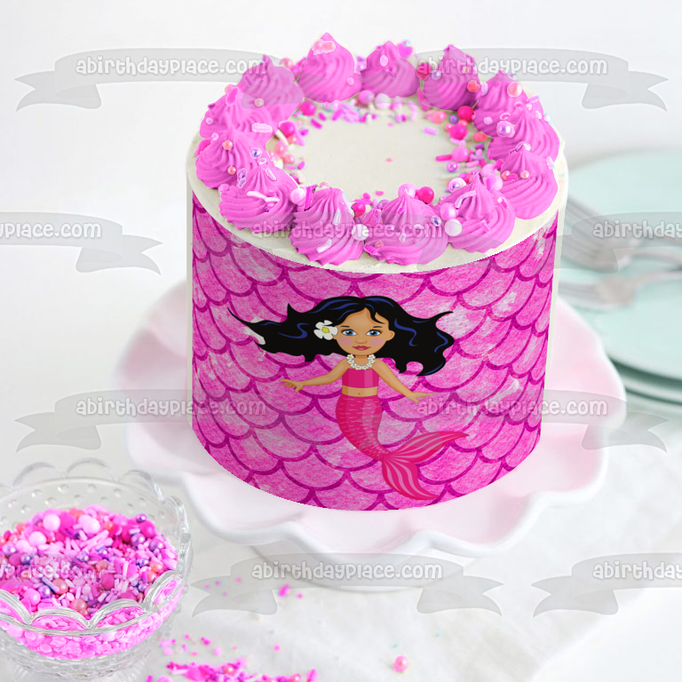 Imagen comestible para decoración de tarta con fondo de escamas rosas de sirena ABPID51075