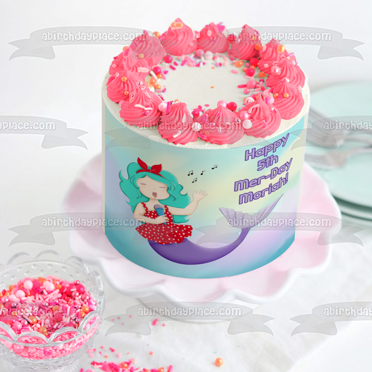 Mermaid Singing Happy 5th Mer-Day Personalized Name Edible Cake Topper Image ABPID51078
