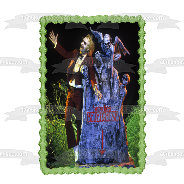 Beetlejuice Betelgeuse Grave Headstone Rock Skeletons Edible Cake Topper Image ABPID50856
