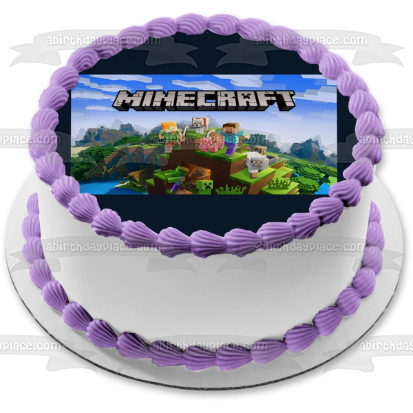 Minecraft Steve Creepers Pig Dog Mountains Edible Cake Topper Image ABPID51089